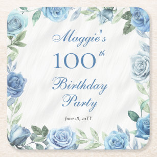 Elegant Blue Floral Frame 100th Birthday Party Square Paper Coaster