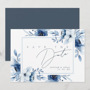 Elegant Blue Floral Frame Monogram Save The Date