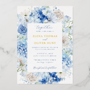 Elegant Blue Floral Frame Wedding Foil Invitation