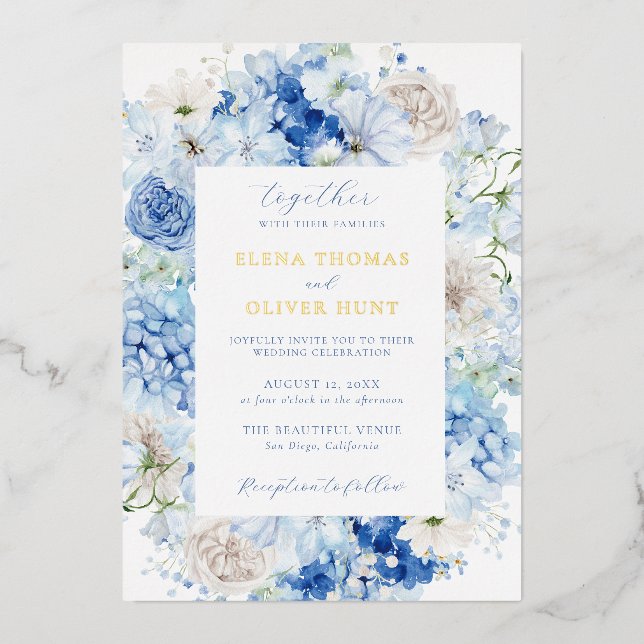 Elegant Blue Floral Frame Wedding Foil Invitation (Front)
