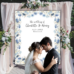 Elegant Blue Floral Frame Wedding Photo Backdrop