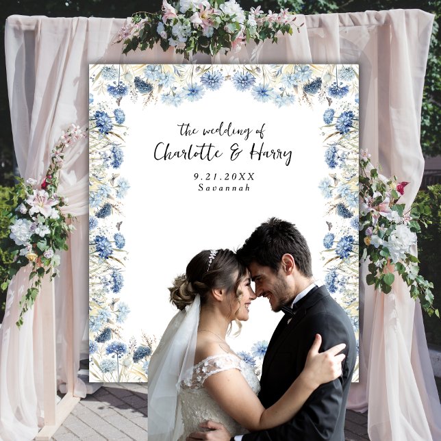 Elegant Blue Floral Frame Wedding Photo  Backdrop (Creator Uploaded)