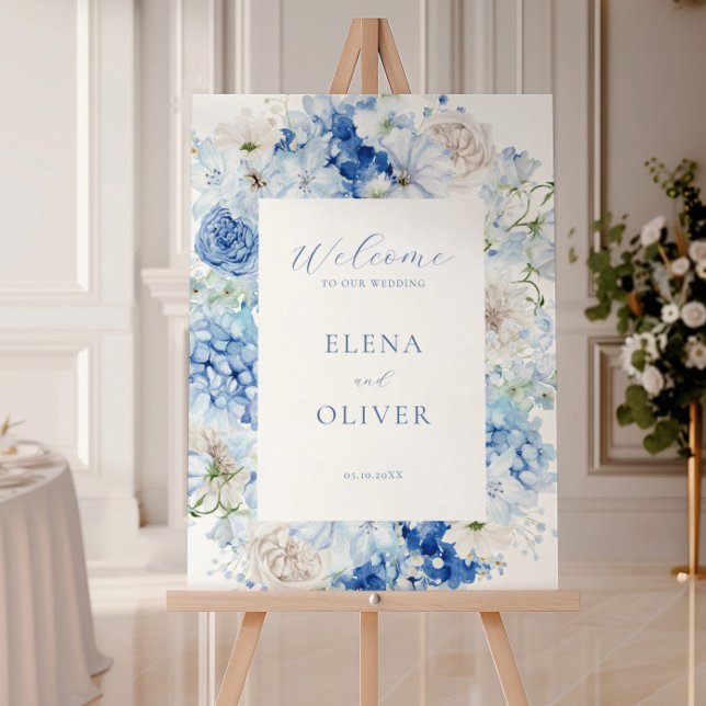 Elegant Blue Floral Frame Wedding Welcome Foam Board (Creator Uploaded)