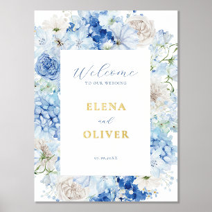 Elegant Blue Floral Frame Wedding Welcome Foil Prints