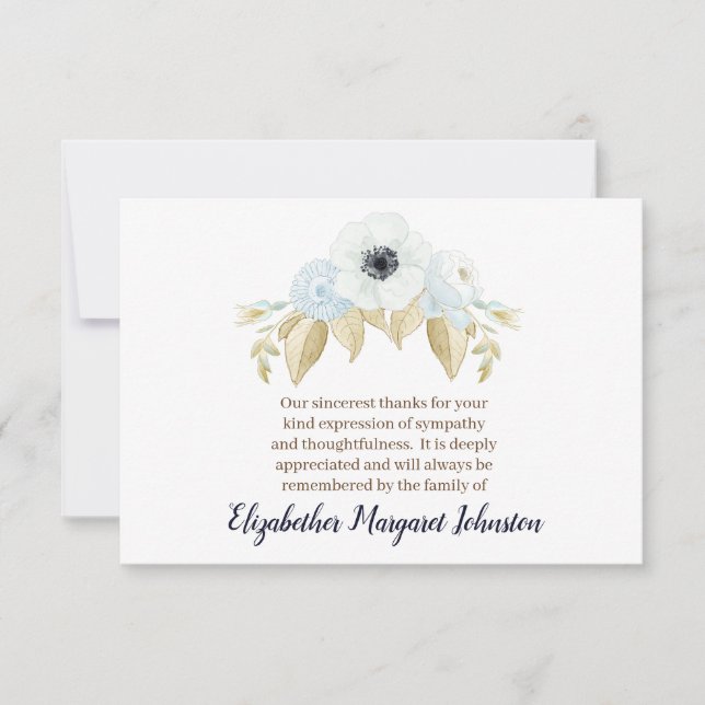 Elegant Blue Floral Funeral Thank You Bereavement Card (Front)
