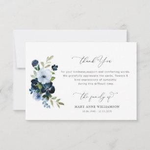 elegant blue floral funeral thank you note card