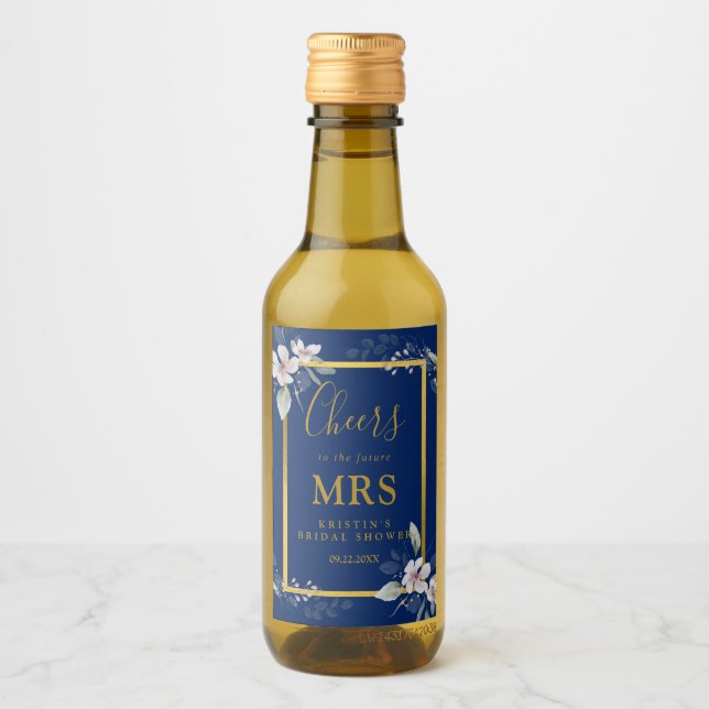 Elegant Blue Floral Future Mrs Bridal Shower Wine Label (Front)