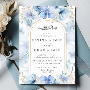Elegant Blue Floral Garden Islamic Muslim Wedding Invitation