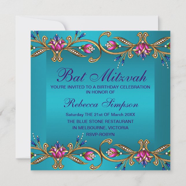 Elegant Blue Floral Gem Bat Mitzvah Invite (Front)