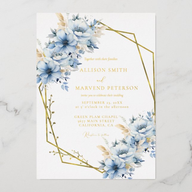 Elegant Blue Floral Geometric Frame Bloom Wedding  Foil Invitation (Front)