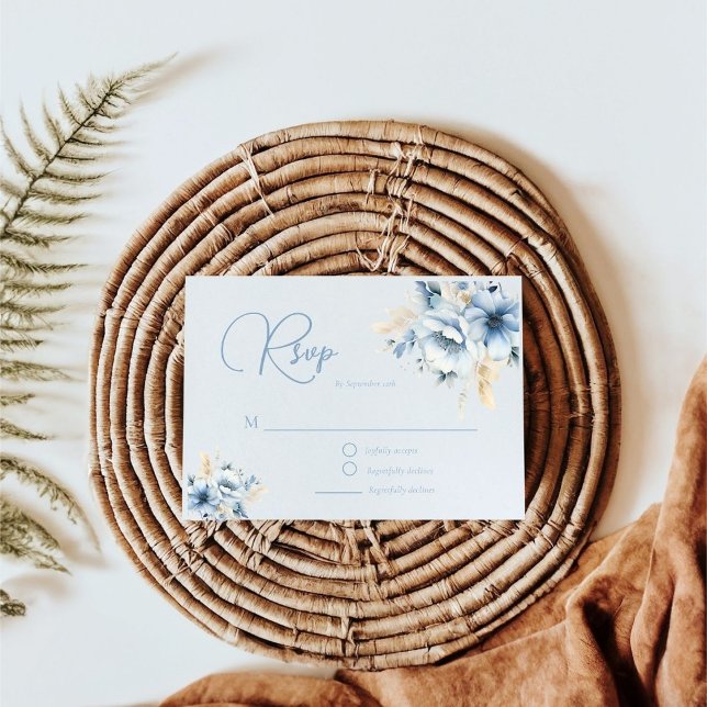 Elegant Blue Floral Geometric Frame Bloom Wedding RSVP Card (Creator Uploaded)