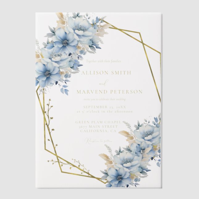 Elegant Blue Floral Geometric Frame Bloom Wedding Vellum Invitations (Front)