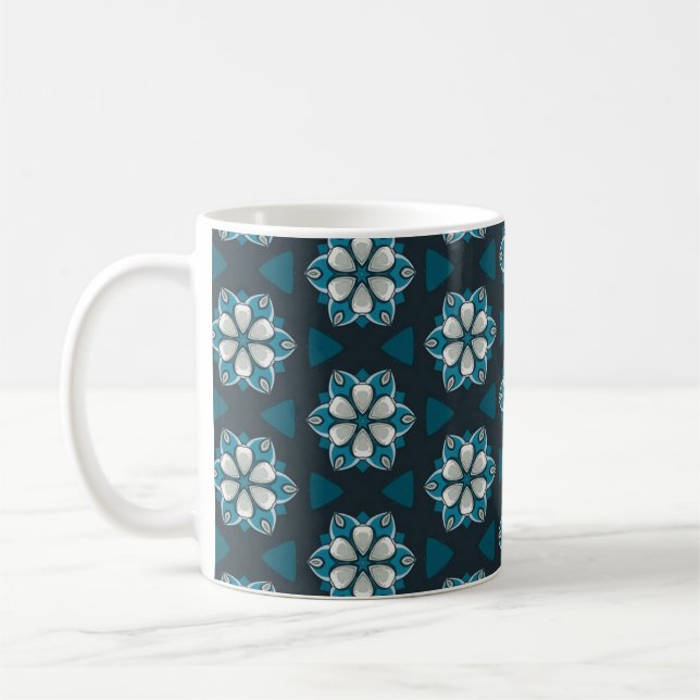"Elegant Blue Floral Geometric Pattern Coffee Mug (Left)