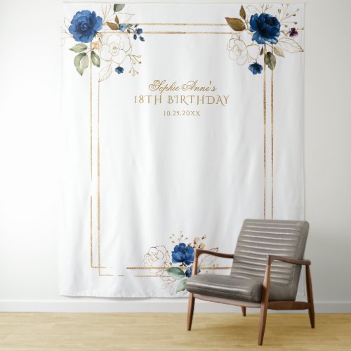 Elegant Blue Floral Gold 18th Birthday Photo Prop Tapestry