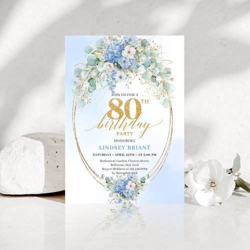 Elegant Blue Floral Gold 80th Birthday Invitation