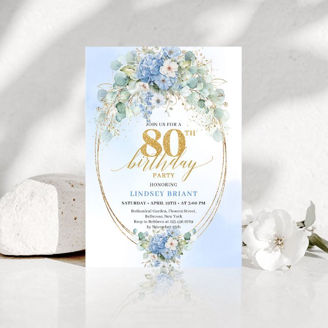 Elegant Blue Floral Gold 80th Birthday Invitation (Elegant Blue Floral Gold 80th Birthday Invitation)