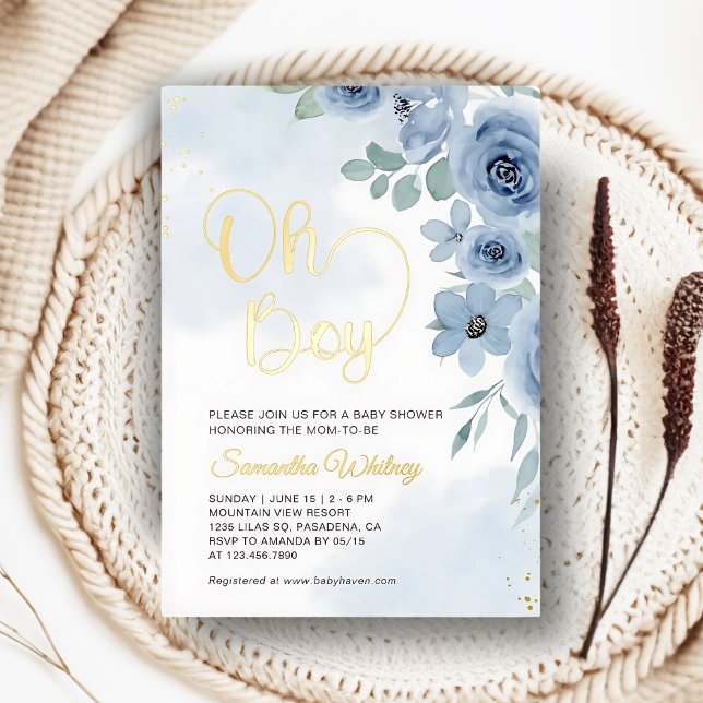 Elegant Blue Floral Gold Boy Baby Shower Foil Invitation (Creator Uploaded)