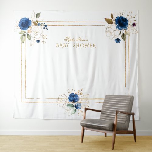 Elegant Blue Floral Gold Boy Baby Shower Prop Tapestry