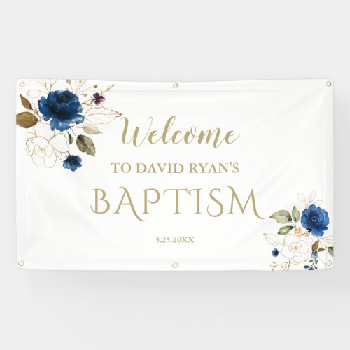 Elegant Blue Floral Gold Boy Baptism Welcome Sign