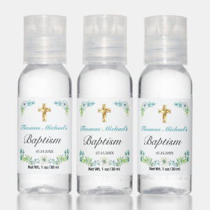 Elegant Blue Floral Gold Cross Baby Baptism Hand Sanitizer