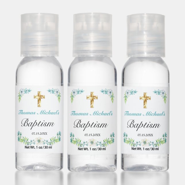 Elegant Blue Floral Gold Cross Baby Baptism   Hand Sanitizer (Set)