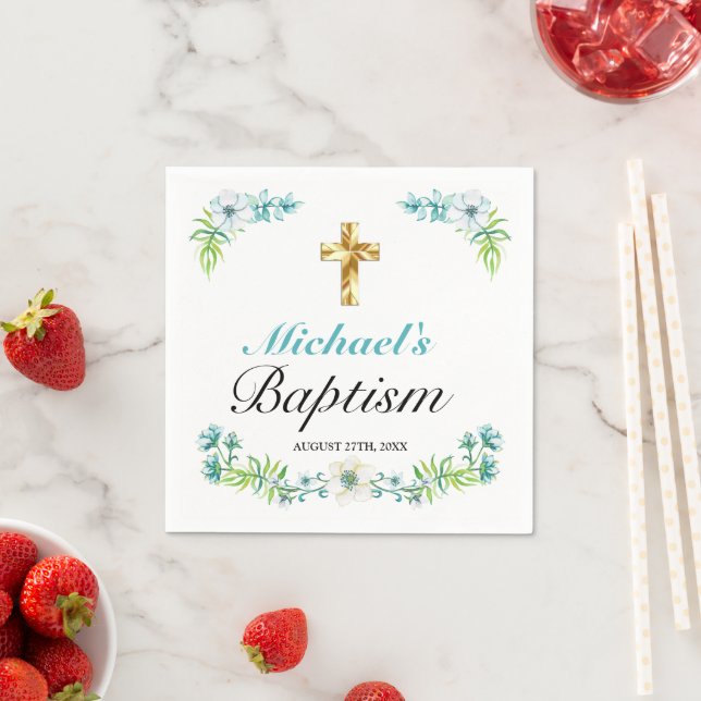 Elegant Blue Floral Gold Cross Baptism Napkins (Insitu)