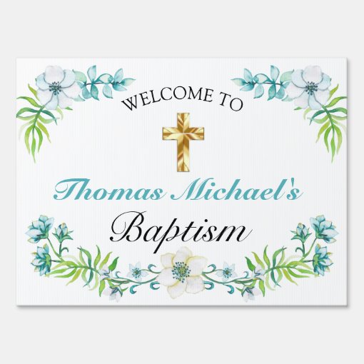 Elegant Blue Floral Gold Cross Baptism Welcome Sign | Zazzle