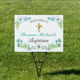 Elegant Blue Floral Gold Cross Baptism Welcome Sign