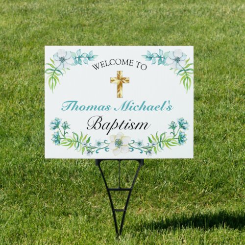 Elegant Blue Floral Gold Cross Baptism Welcome Sign