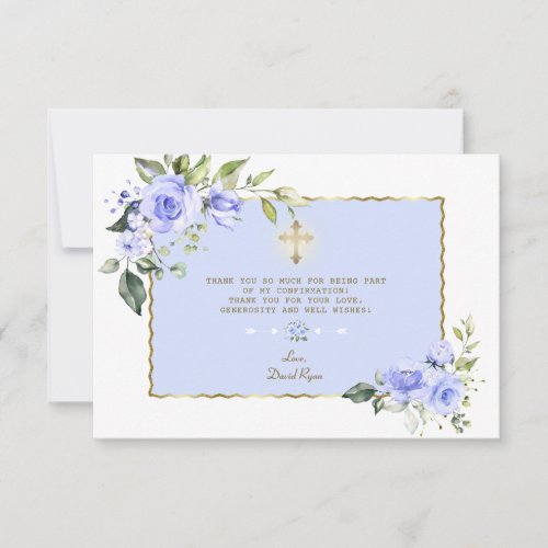 Elegant Blue Floral Gold Cross Boy Confirmation Thank You Card