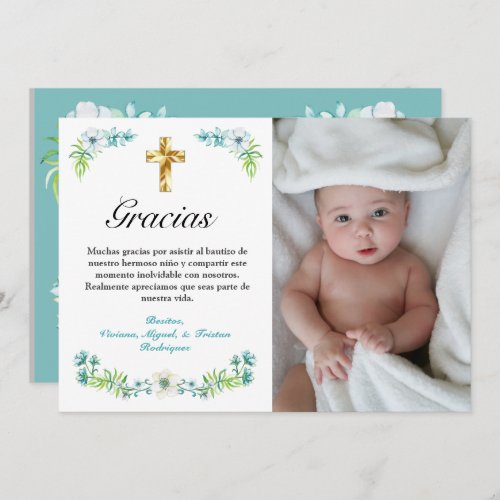 Elegant Blue Floral Gold Cross Spanish Baptism  Thank You Card