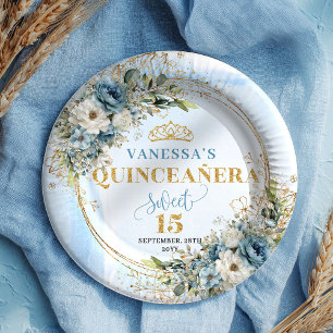 Elegant Blue Floral Gold Custom Quinceañera Plates
