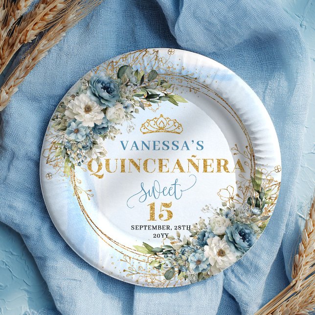 Elegant Blue Floral Gold Custom Quinceañera Plates (Elegant Blue Floral Gold Custom Quinceañera Plates)
