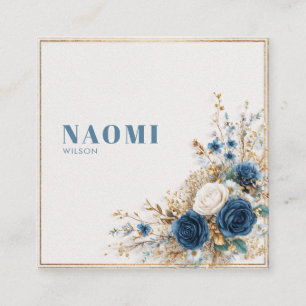 Elegant Blue Floral Gold Frame Watercolor Rustic Square Business Card