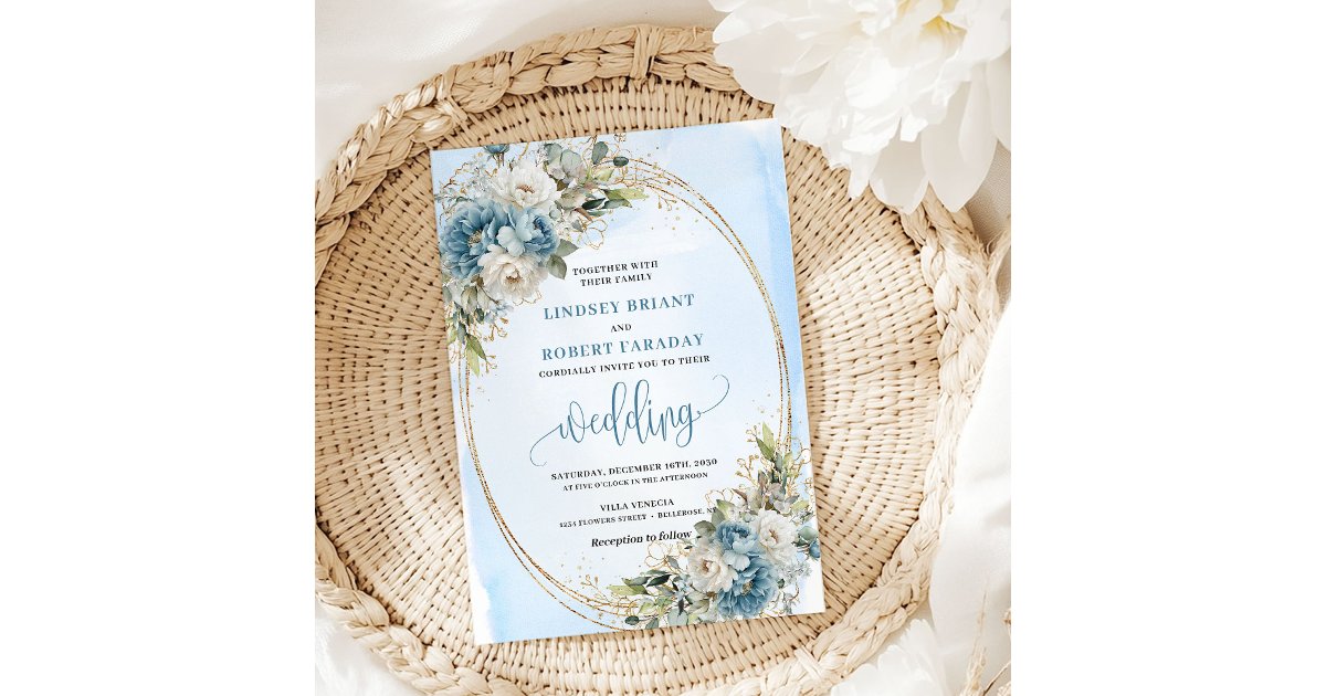 Elegant Blue Floral Gold Frame Wedding Invitation | Zazzle
