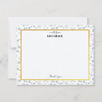 Elegant Blue Floral, Gold Glitter Custom Thank You Note Card