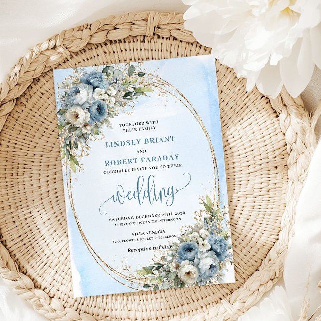 Elegant Blue Floral Gold Glitter Wedding Invite (Elegant Blue Floral Gold Glitter Wedding Invitation)