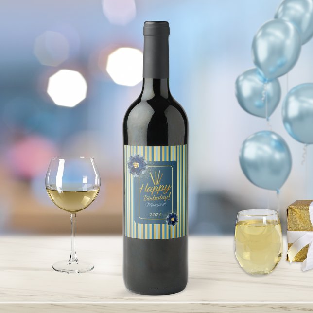 Elegant Blue Floral Gold Stripe Happy Birthday  Wine Label (Creator Uploaded)