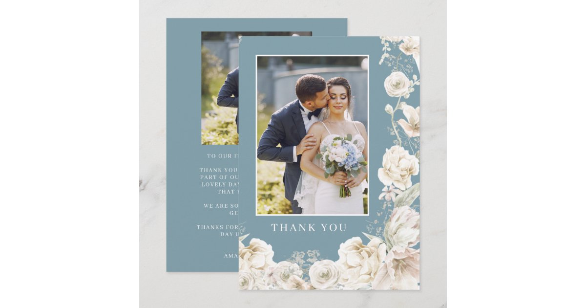 Elegant Blue Floral Gold Wedding Photo Thank You Card | Zazzle