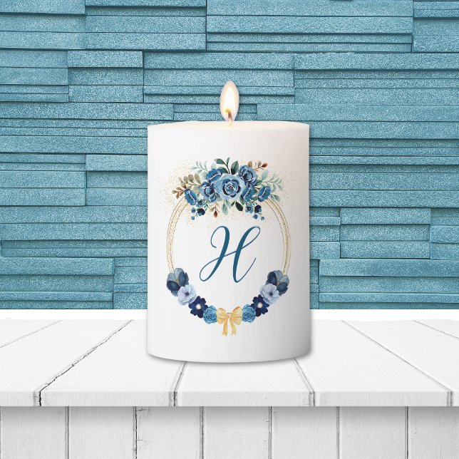 Elegant Blue Floral Gold Wreath Script Monogram Pillar Candle (Creator Uploaded)