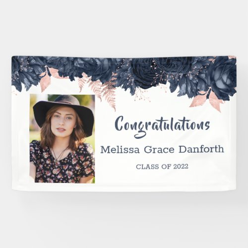 Elegant Blue Floral Graduate Photo 2022 Graduation Banner