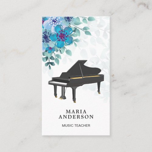 Elegant Blue Floral Grand Piano Musician Pianist Business Card