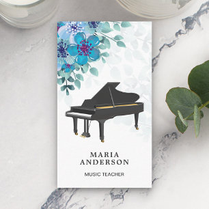 Elegant Blue Floral Grand Piano Musician Pianist Business Card