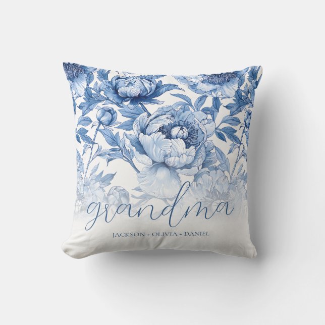 Elegant Blue Floral Grandchildren's Names Grandma Throw Pillow (Front)