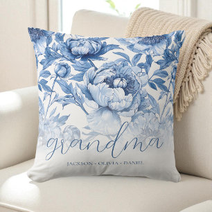Elegant Blue Floral Grandchildren's Names Grandma Throw Pillow
