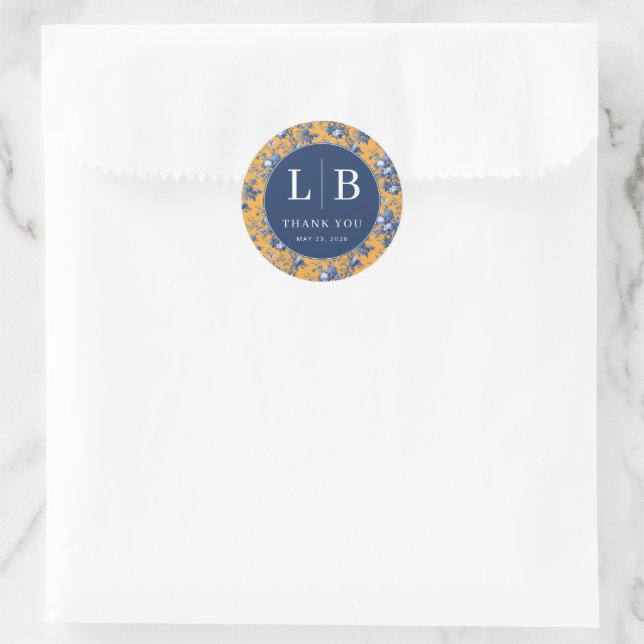 Elegant Blue Floral Gratitude Classic Round Sticker (Bag)