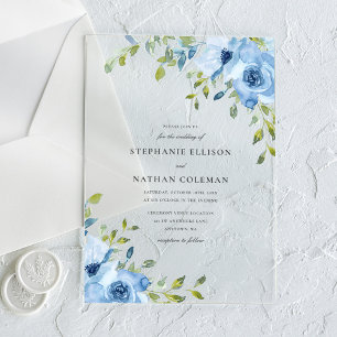 Elegant Blue Floral Greenery Wedding Acrylic Invitations