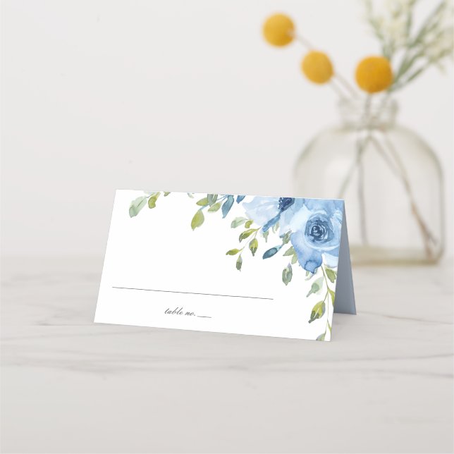 Elegant Blue Floral Greenery Wedding Folded Place Card (Front)