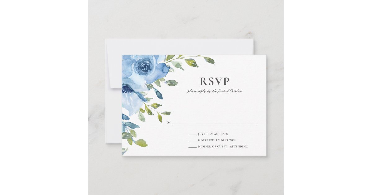 Elegant Blue Floral Greenery Wedding RSVP Card | Zazzle