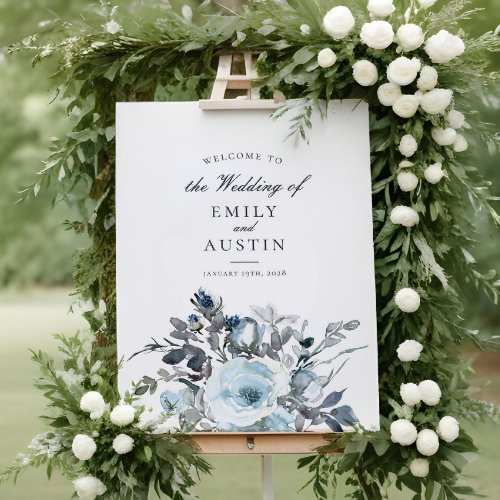 Elegant Blue Floral Greenery Wedding Welcome Sign